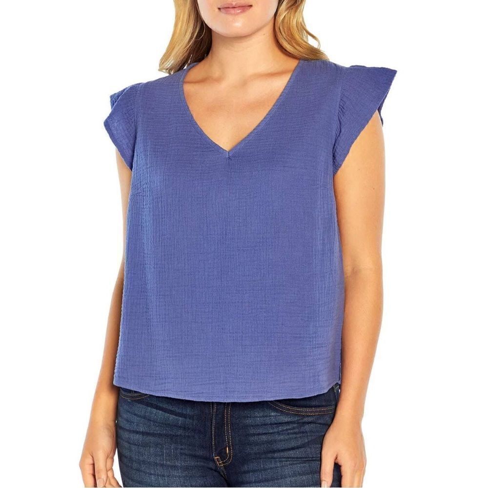 Three Dots Short Sleeve V-Neck Double Layer Cotton Gauze Shirt Size M